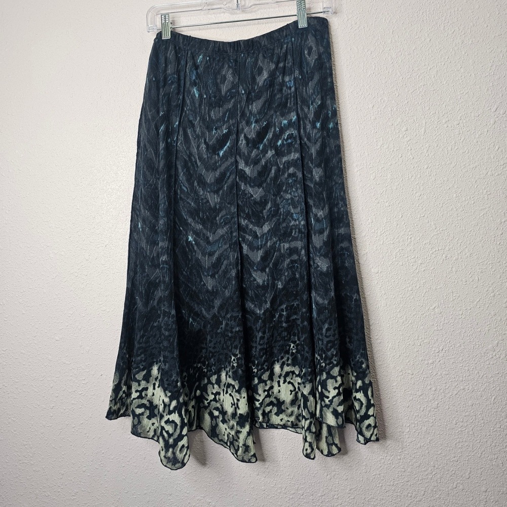 Chicos 2 Travelers Navy Blue‎ Animal Print Handkerchief Hem Midi Skirt Medium